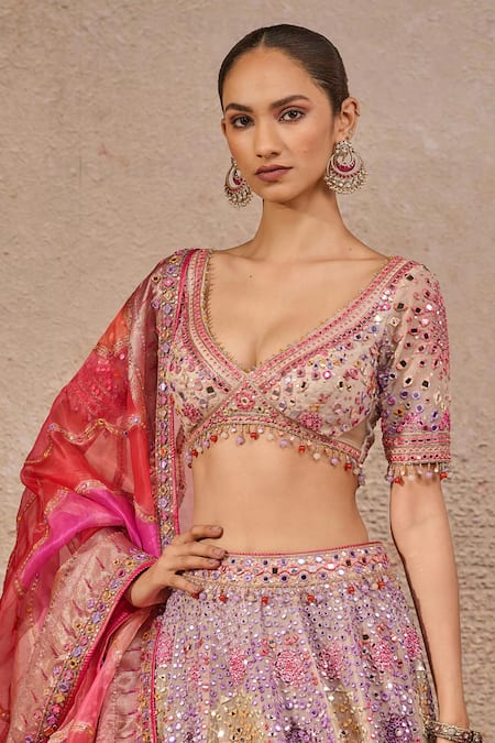 Tarun Tahiliani_Multi Color Silk, Handloom Cotton Mirrors, Sequins, Mosaic Bloom Lehenga Set _Online_at_Aza_Fashions