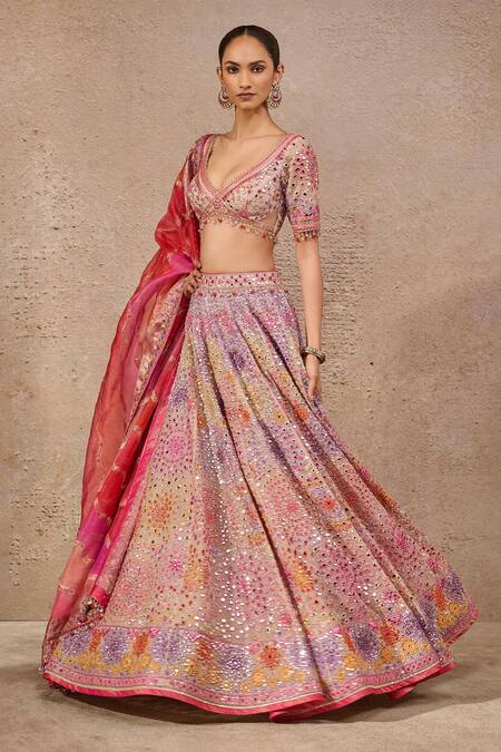 Buy_Tarun Tahiliani_Multi Color Silk, Handloom Cotton Mirrors, Sequins, Mosaic Bloom Lehenga Set _Online_at_Aza_Fashions