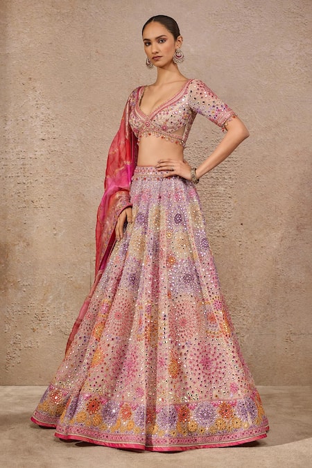 Shop_Tarun Tahiliani_Multi Color Silk, Handloom Cotton Mirrors, Sequins, Mosaic Bloom Lehenga Set _Online_at_Aza_Fashions