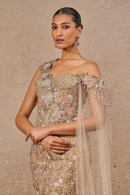 Tarun Tahiliani_Multi Color Tulle Sequins, Beads, Embroidery One Bloom Fish Tail Lehenga Set _Online_at_Aza_Fashions