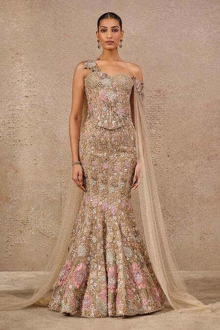 Buy_Tarun Tahiliani_Multi Color Tulle Sequins, Beads, Embroidery One Bloom Fish Tail Lehenga Set _Online_at_Aza_Fashions
