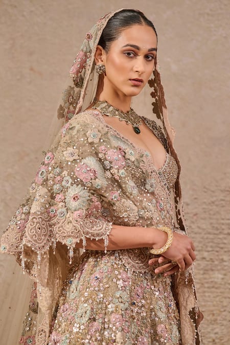 Tarun Tahiliani_Multi Color Tulle Sequins, Beads, Embroidery Floral Motif Lehenga Set _Online_at_Aza_Fashions