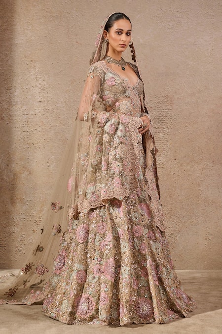 Buy_Tarun Tahiliani_Multi Color Tulle Sequins, Beads, Embroidery Floral Motif Lehenga Set _Online_at_Aza_Fashions