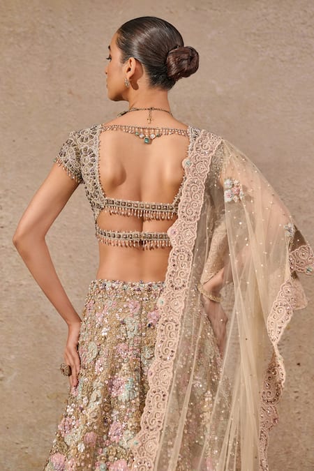 Tarun Tahiliani_Multi Color Tulle Sequins, Beads, Embroidery Floral Lehenga Saree Set _Online_at_Aza_Fashions