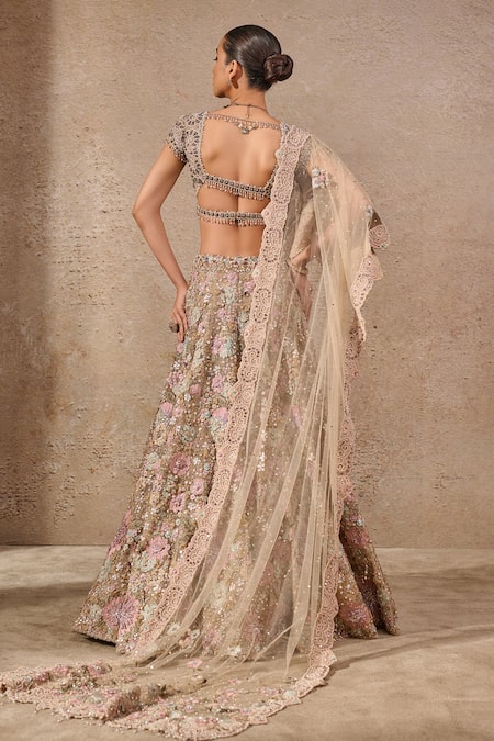 Tarun Tahiliani Multi Color Floral Embroidered Lehenga Saree Set 
