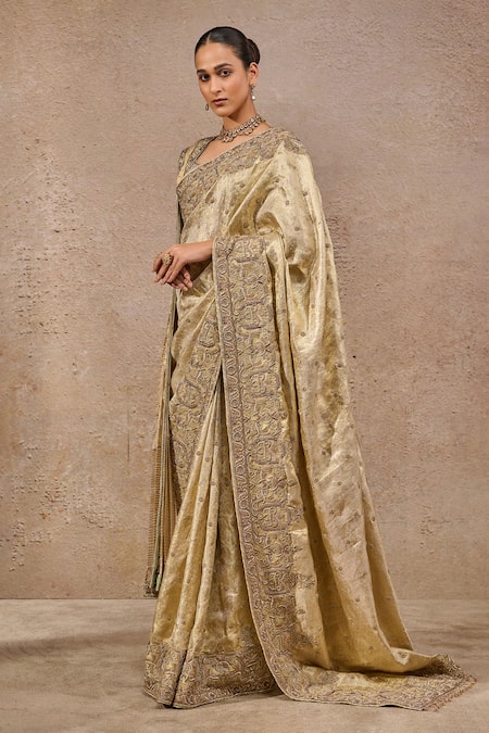 Tarun Tahiliani_Gold Silk, Kota Doria, Tussar Zari, Embroidery Round Neck Zardozi Saree Set _Online_at_Aza_Fashions