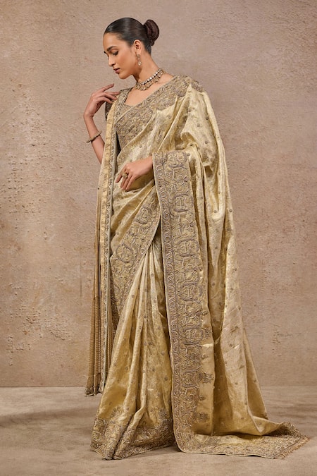 Buy_Tarun Tahiliani_Gold Silk, Kota Doria, Tussar Zari, Embroidery Round Neck Zardozi Saree Set _Online_at_Aza_Fashions