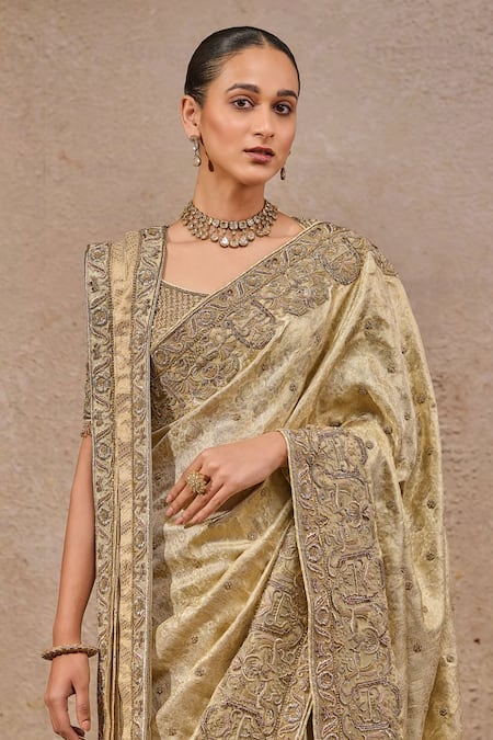 Shop_Tarun Tahiliani_Gold Silk, Kota Doria, Tussar Zari, Embroidery Round Neck Zardozi Saree Set _Online_at_Aza_Fashions