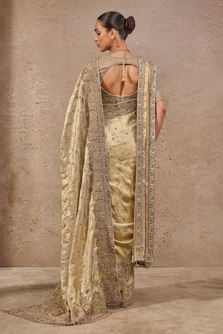 Shop_Tarun Tahiliani_Gold Silk, Kota Doria, Tussar Zari, Embroidery Round Neck Zardozi Saree Set _at_Aza_Fashions