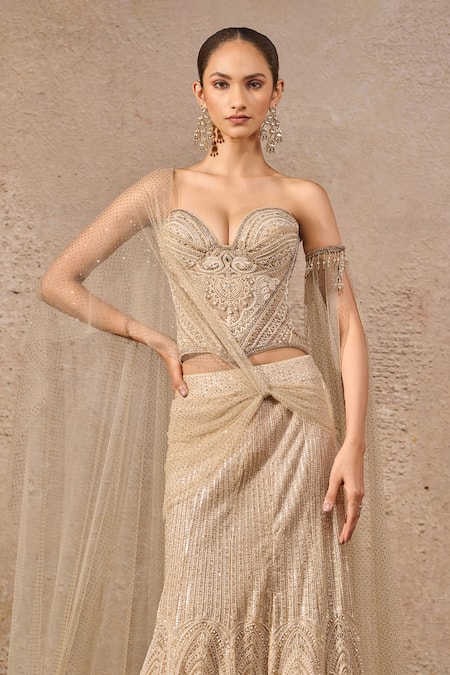Buy_Tarun Tahiliani_Gold Tulle Crystals, Pearls, Sequins, Embellished Fish-tail Lehenga And Corset _Online_at_Aza_Fashions