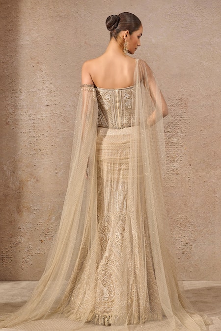 Tarun Tahiliani Gold Embellished Fish-Tail Lehenga & Corset 