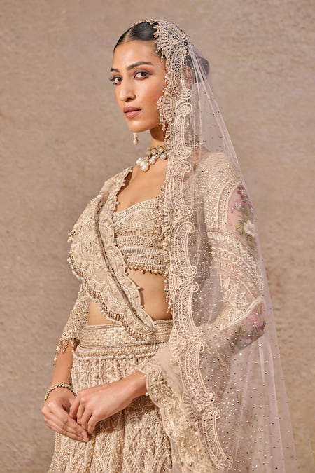 Tarun Tahiliani_Pink Tulle Crystals, Pearls, Sequins Embroidered Bridal Lehenga Set With Veil _Online_at_Aza_Fashions