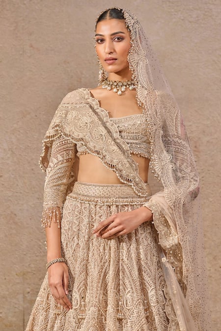 Buy_Tarun Tahiliani_Pink Tulle Crystals, Pearls, Sequins Embroidered Bridal Lehenga Set With Veil _Online_at_Aza_Fashions