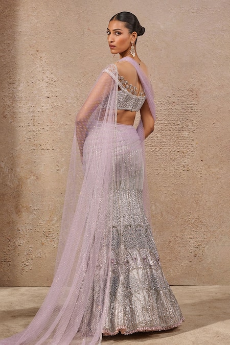 Shop_Tarun Tahiliani_Silver Tulle Beads, Sequins, Pearls, Crystals Embellished Fish-tail Lehenga Set _Online_at_Aza_Fashions