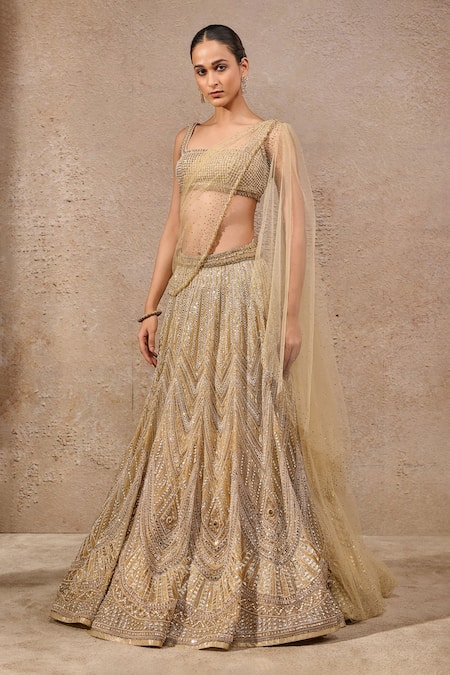 Tarun Tahiliani Gold Stone Embellished Lehenga Saree Set 