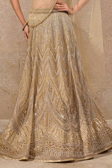 Buy_Tarun Tahiliani_Gold Tulle Sequins, Stones, Beads Square Neck Embellished Lehenga Saree Set _Online_at_Aza_Fashions