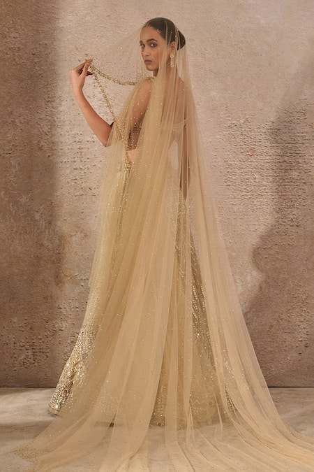 Tarun Tahiliani Gold Stone Sequin Embellished Lehenga Saree Set 