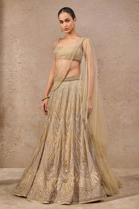 Shop_Tarun Tahiliani_Gold Tulle Sequins, Stones, Beads Square Neck Embellished Lehenga Saree Set _Online_at_Aza_Fashions