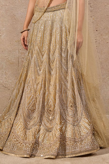 Tarun Tahiliani_Gold Tulle Sequins, Stones, Beads Square Neck Embellished Lehenga Saree Set _at_Aza_Fashions