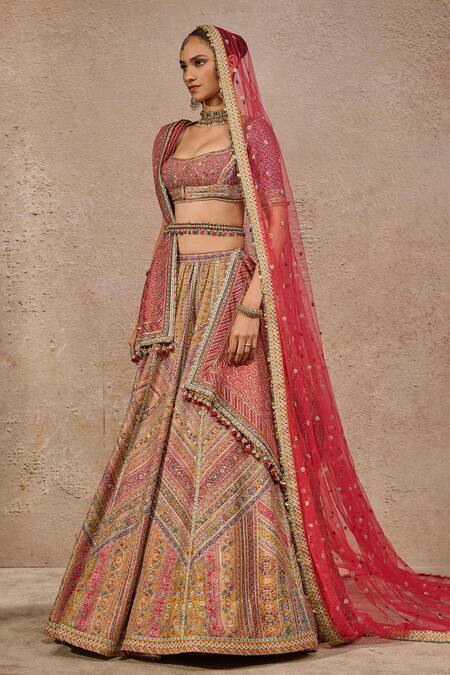 Shop_Tarun Tahiliani_Multi Color Silk, Organza, Tulle Beads, Kashida Embroidered Lehenga Set _Online_at_Aza_Fashions