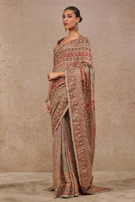 Tarun Tahiliani_Multi Color Tissue, Georgette, Silk Sequins, Beads, Kashida Saree Set _Online_at_Aza_Fashions