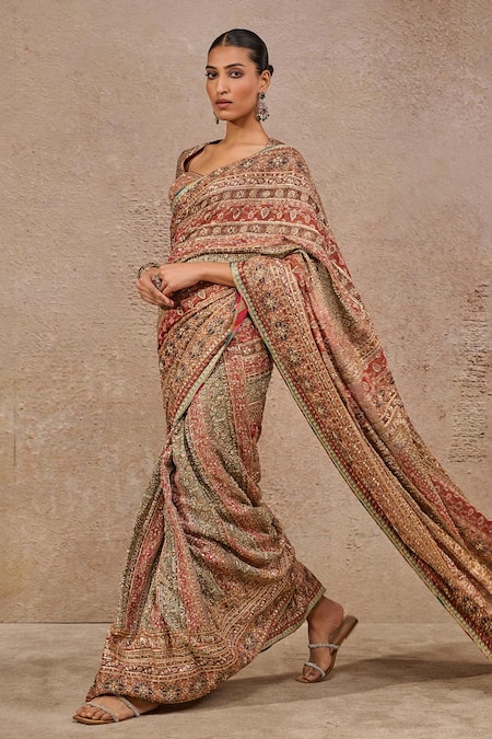 Buy_Tarun Tahiliani_Multi Color Tissue, Georgette, Silk Sequins, Beads, Kashida Saree Set _Online_at_Aza_Fashions