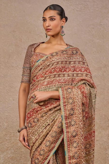 Shop_Tarun Tahiliani_Multi Color Tissue, Georgette, Silk Sequins, Beads, Kashida Saree Set _Online_at_Aza_Fashions