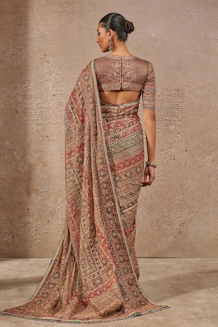Shop_Tarun Tahiliani_Multi Color Tissue, Georgette, Silk Sequins, Beads, Kashida Saree Set _at_Aza_Fashions