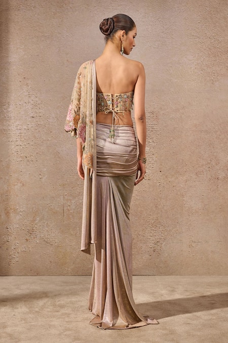Shop_Tarun Tahiliani_Multi Color Tulle, Jersey Embroidery, Crystals, Floral Draped Concept Saree _at_Aza_Fashions