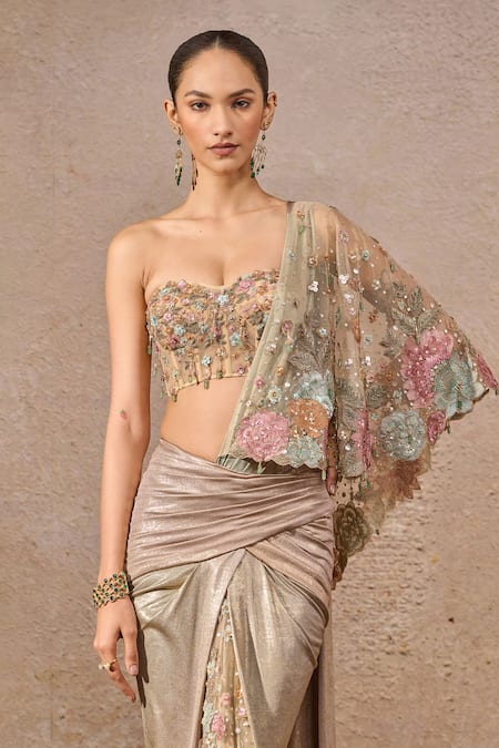 Tarun Tahiliani_Multi Color Tulle, Jersey Embroidery, Crystals, Floral Draped Concept Saree _Online_at_Aza_Fashions