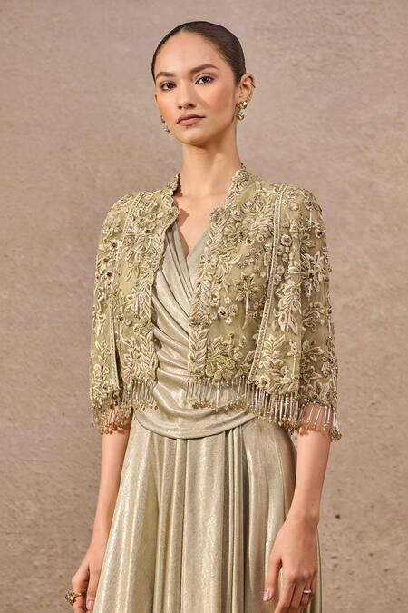 Tarun Tahiliani Green Jersey Tassels V-neck Floral Embroidered Cape And Draped Dress Set Online at Aza Fashions Tarun Tahiliani_Green Jersey Tassels V-neck Floral Embroidered Cape And Draped Dress Set _Online_at_Aza_Fashions