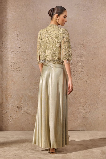 Tarun Tahiliani Floral Embroidered Cape & Draped Dress Set 