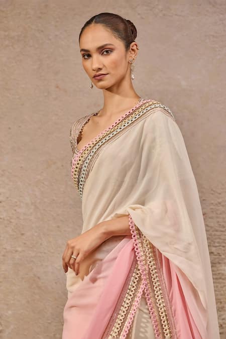 Buy_Tarun Tahiliani_Pink Georgette Embroidery, Lace Scoop Neck Ombre Border Saree With Blouse _Online_at_Aza_Fashions