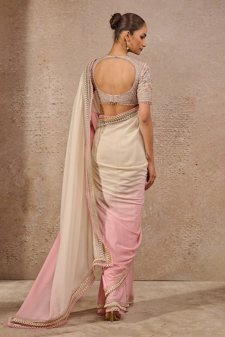 Shop_Tarun Tahiliani_Pink Georgette Embroidery, Lace Scoop Neck Ombre Border Saree With Blouse _at_Aza_Fashions