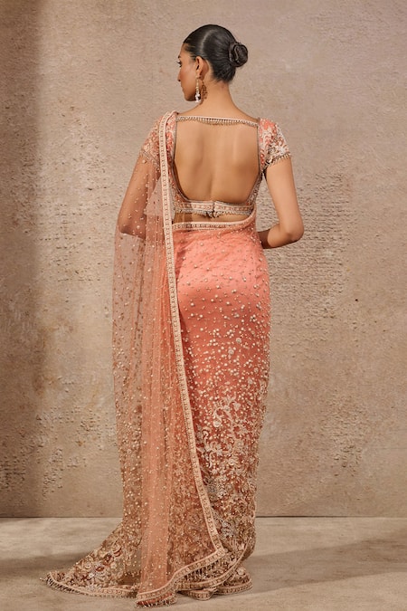 Shop_Tarun Tahiliani_Orange Tulle Beads, Pearls, Embroidery Sweetheart Embellished Saree With Blouse _at_Aza_Fashions