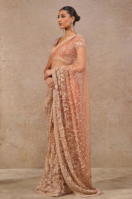 Tarun Tahiliani_Orange Tulle Beads, Pearls, Embroidery Sweetheart Embellished Saree With Blouse _Online_at_Aza_Fashions