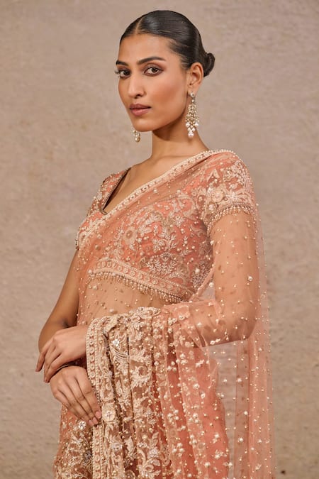 Buy_Tarun Tahiliani_Orange Tulle Beads, Pearls, Embroidery Sweetheart Embellished Saree With Blouse _Online_at_Aza_Fashions
