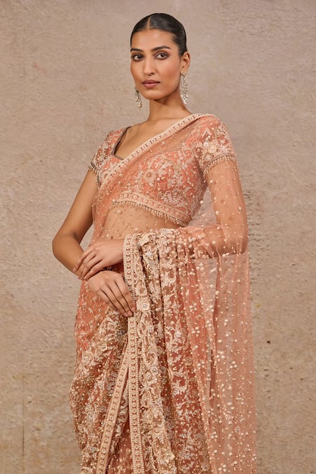 Shop_Tarun Tahiliani_Orange Tulle Beads, Pearls, Embroidery Sweetheart Embellished Saree With Blouse _Online_at_Aza_Fashions