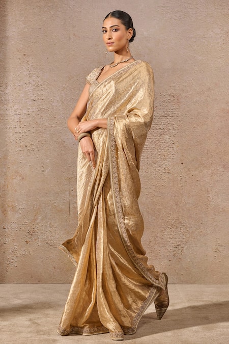 Tarun Tahiliani_Gold Silk, Tissue Sequins, Zari, Embroidery Sweetheart Neck Saree With Blouse _Online_at_Aza_Fashions