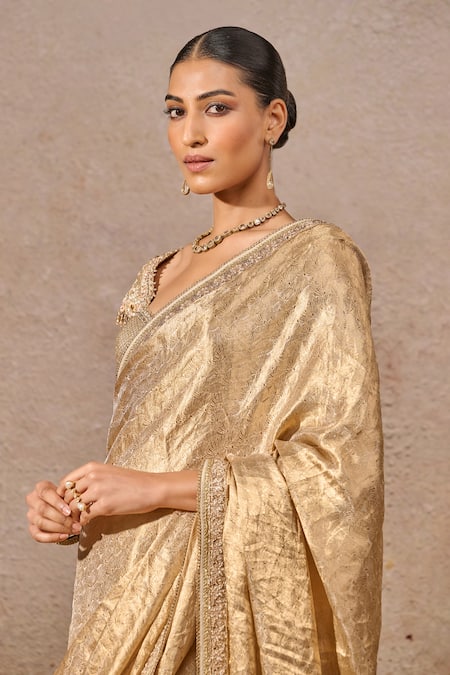 Buy_Tarun Tahiliani_Gold Silk, Tissue Sequins, Zari, Embroidery Sweetheart Neck Saree With Blouse _Online_at_Aza_Fashions