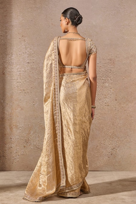 Shop_Tarun Tahiliani_Gold Silk, Tissue Sequins, Zari, Embroidery Sweetheart Neck Saree With Blouse _at_Aza_Fashions