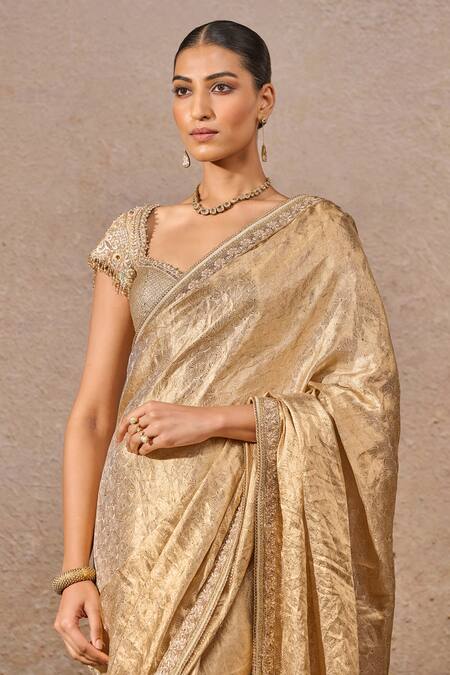 Shop_Tarun Tahiliani_Gold Silk, Tissue Sequins, Zari, Embroidery Sweetheart Neck Saree With Blouse _Online_at_Aza_Fashions