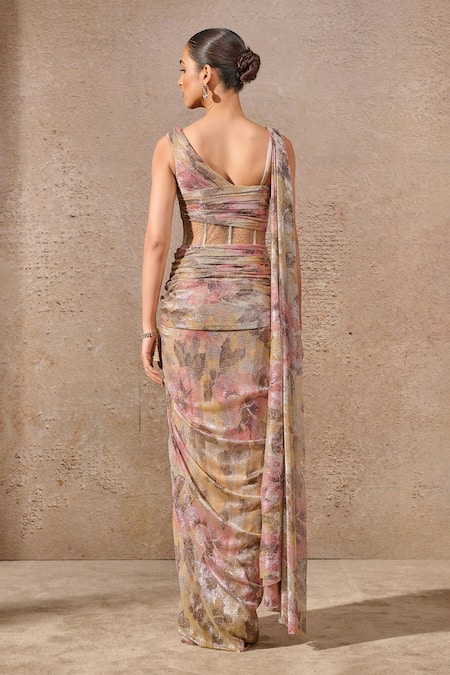 Tarun Tahiliani Draped Corseted Dress with Metallic Abstract Print 
