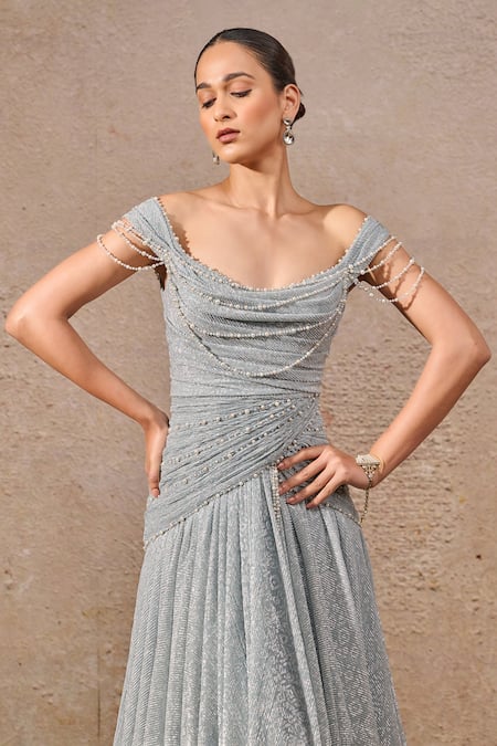 Tarun Tahiliani_Blue Crepe Pearls Cowl Neck Embellished Geometric Gown _Online_at_Aza_Fashions