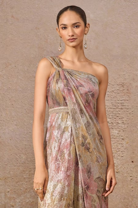 Tarun Tahiliani_Multi Color Crepe Embroidery One Shoulder Floral Asymmetric Draped Jumpsuit _Online_at_Aza_Fashions