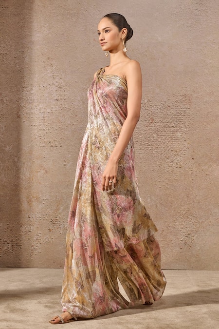 Tarun Tahiliani Floral Asymmetric Draped Jumpsuit 