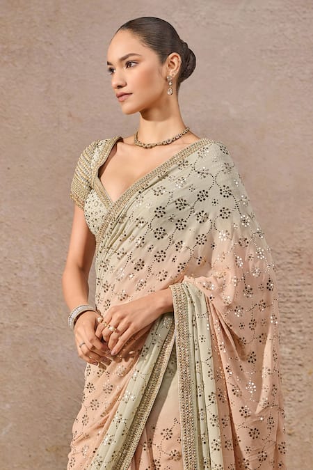 Tarun Tahiliani_Peach Georgette Mirrors, Embroidery, Metallic Thread Ombre Mukaish Saree Set _Online_at_Aza_Fashions