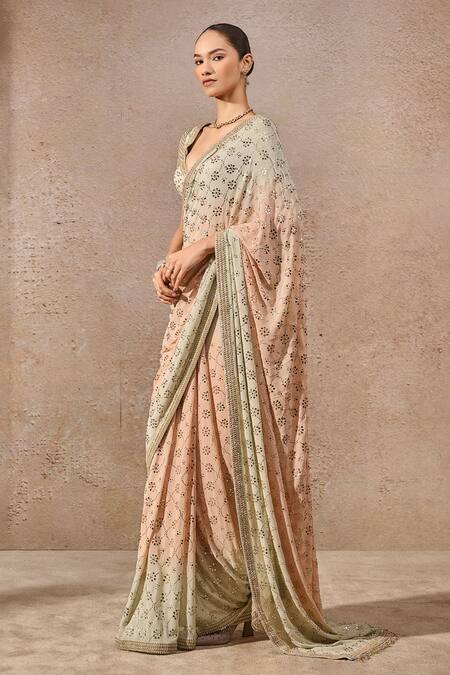 Buy_Tarun Tahiliani_Peach Georgette Mirrors, Embroidery, Metallic Thread Ombre Mukaish Saree Set _Online_at_Aza_Fashions