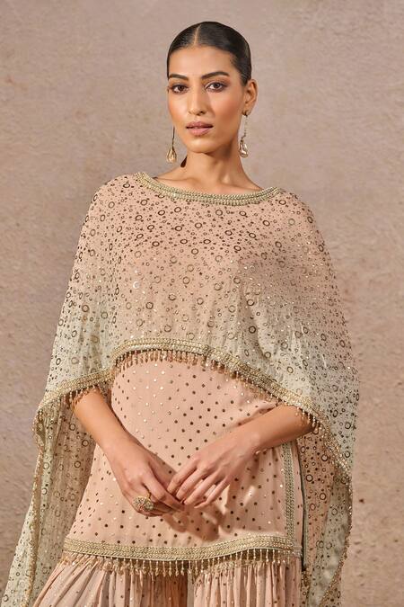 Buy_Tarun Tahiliani_Peach Georgette Mirrors Boat Neck Mukaish Embroidered Draped Kurta Set _Online_at_Aza_Fashions