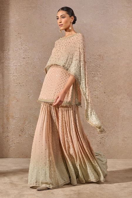 Shop_Tarun Tahiliani_Peach Georgette Mirrors Boat Neck Mukaish Embroidered Draped Kurta Set _Online_at_Aza_Fashions